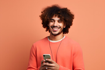 Colorful studio portrait of a young man using a smartphone and smiling. Bold, vibrant and minimalist. Generative AI