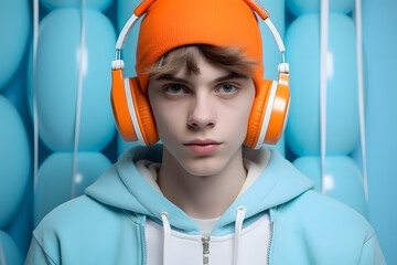Colorful studio portrait of a cool teenager boy with age specific outfit and accessories. Bold, vibrant and minimalist. Generative AI