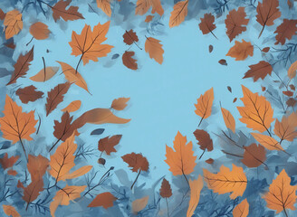 Autumn leaves on a blue background, wallpaper. Generative AI.