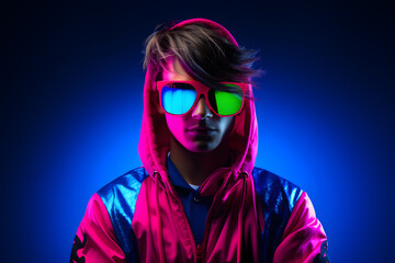 Colorful studio portrait of a cool teenager boy with age specific outfit and accessories. Bold, vibrant and minimalist. Generative AI