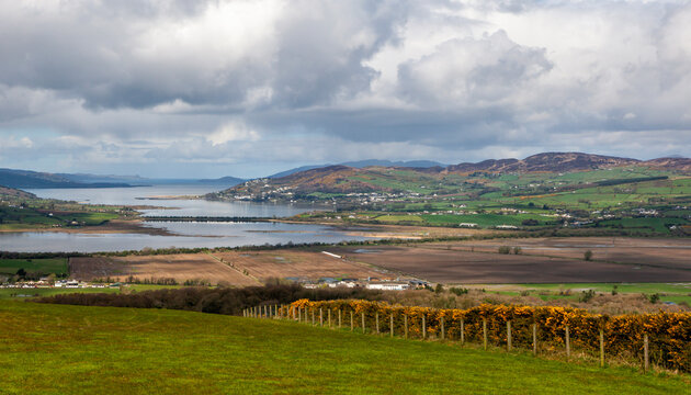 Landscape panoramic View of Lough Foyle and Lough Swilly from the top of Grianan of Aileach - An Ancient Stone Ringfort in Co. Donegal, Ireland