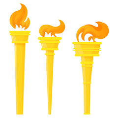 Set of golden torches with fire