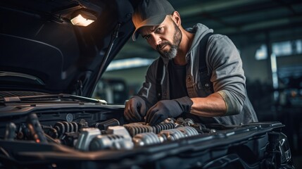 Fototapeta na wymiar Handsome mechanic working on a vehicle in a car repair service