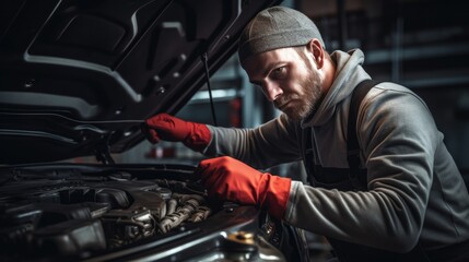 Handsome mechanic working on a vehicle in a car repair service