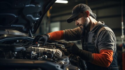 Fototapeta na wymiar Handsome mechanic working on a vehicle in a car repair service