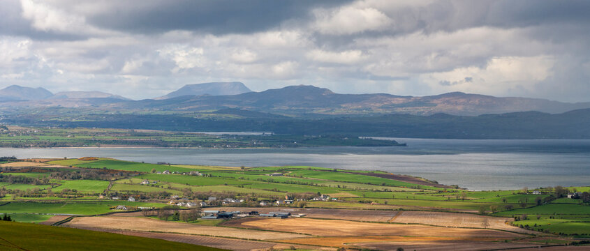 Landscape panoramic View of Lough Foyle and Lough Swilly from the top of Grianan of Aileach - An Ancient Stone Ringfort in Co. Donegal, Ireland