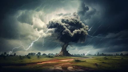 Tuinposter trees blown by strong winds approaching  tornado, generative ai © Mrsabata