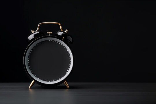 Retro alarm clock with empty clock face on black background. Black friday sale mockup. Limited time offer, sales, promotion, countdown, Christmas shopping season, copy space for text