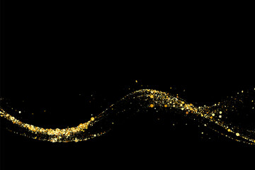 Gold glitter texture on a black background. Abstract golden color particles, confetti glitter wave flow. Festive background.
