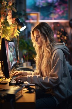 woman designer working on computer , night time, AI Generated