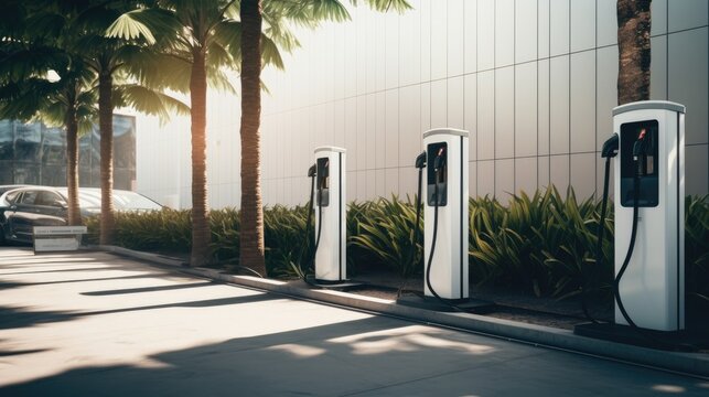 Public EV charging station for electric car at modern city residential.