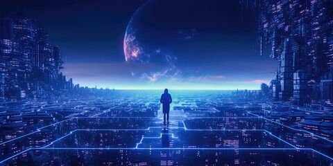 Metaverse city and matrix cyberpunk concept. Generative AI.