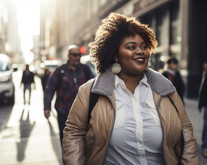 A confident, larger woman walks through the city, radiating happiness and embracing her vibrant urban life. Ideal for themes of body positivity, confidence, and urban lifestyle.