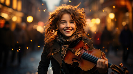 Fototapeta na wymiar Girl violinist as a street musician