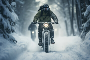 Naklejka premium A person navigates through a snow-covered forest on a fat bike, blending the joy of cycling with the thrill of winter adventure. Generative Ai.