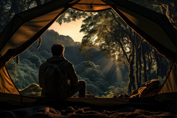 Obraz na płótnie Canvas A person wakes up in a cozy tent nestled among towering trees, experiencing the peacefulness of nature during a camping trip. Generative Ai.