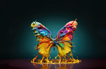 Colorful butterfly emerging from spash of paint