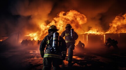 Group of firefighters fighting a fire in the midst of fire and smoke.