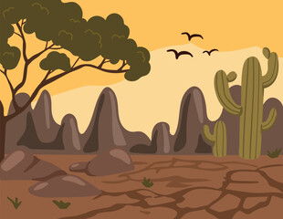 Vector drought landscape, scorched landscape illustration, desert landscape, cactus plants vector