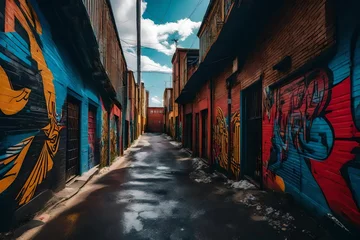 Papier Peint photo Lavable Ruelle étroite an urban alleyway bursting with vibrant and evocative street art - AI Generative