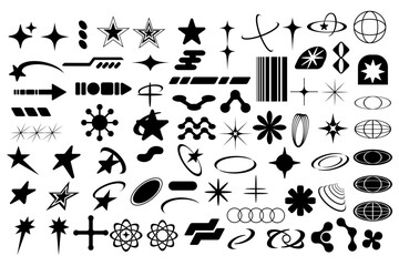Set of black abstract y2k geometric elements and shapes.  Retro design elements.