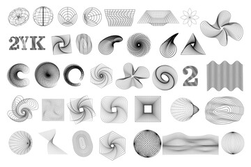 Set of abstract outline y2k geometric wireframe elements, shapes. Retro elements