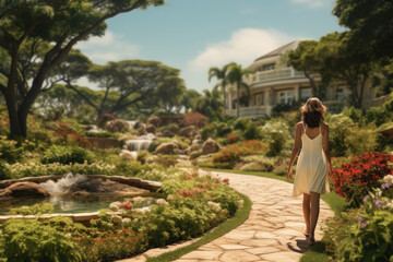 A person takes a leisurely stroll through manicured gardens at a high-end resort, savoring the beauty and tranquility of the surroundings. Generative Ai.