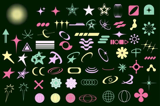 Set of abstract y2k geometric elements and shapes.  Retro line design elements.