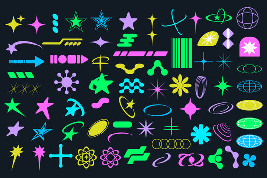 Set of abstract y2k geometric elements, shapes.  Retro design elements.