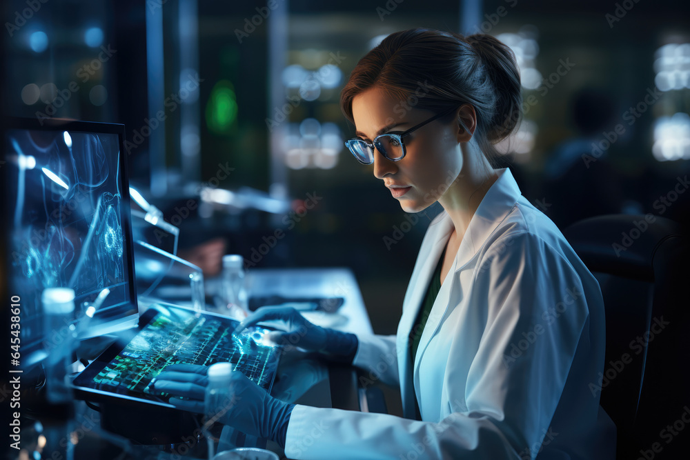 Poster a medical researcher analyzing data from a high-throughput dna sequencer for genomic studies. genera