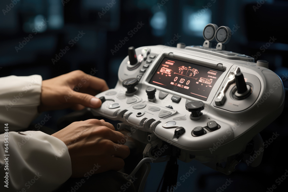 Poster a close-up of a person's hand operating a remote-controlled robotic surgical assistant. generative a