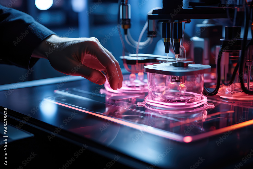 Poster a close-up of a person's hand adjusting settings on a 3d bioprinter to create tissue constructs. gen