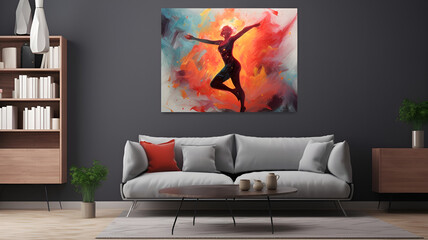 stylish interior of a room in gray colors with a colorful picture on the wall, generated by AI