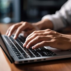Close-up of male hands typing on laptop keyboard indoors. , AI Generated