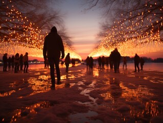 Crowds of people walking on the snow on New Year's Day