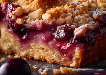 Crumble cake pie with plums and jam.Macro.AI generative