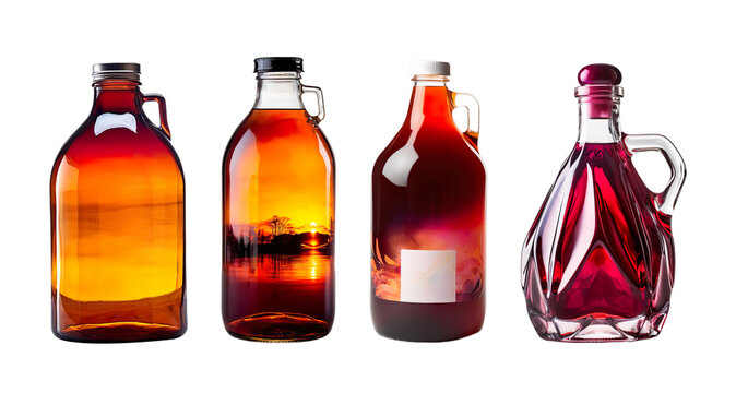 Set of four Alcohol Bottles, Symphony, Ember Glow & Ruby Cascade isolated on transparent background.