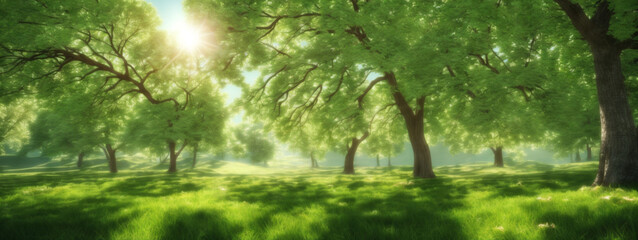 Naklejka premium Spring Nature. Beautiful Landscape. Green Grass and Trees