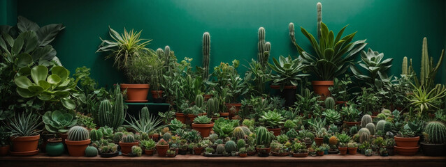 Home Garden Jungle: Stylish Composition of Beautiful Plants, Cacti, Succulents, and Air Plants in Various Design Pots, Enhanced by Green Wall Paneling. A Template for Home Gardening Enthusiasts.