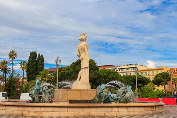 Famous Fontaine du Soleil (Fountain of the Sun) in Place Massena in Nice, France