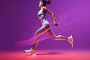 Side view female athletic runner, run data analysis concept, purple background, detail, close up, legs.