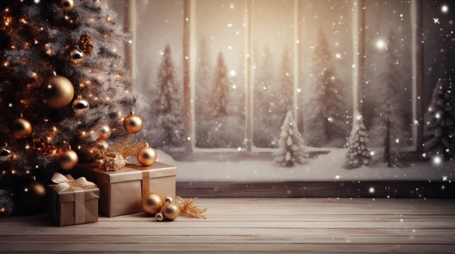 Beautiful festive Christmas background with christmas tree and gifts, decorative backdrop with copy space
