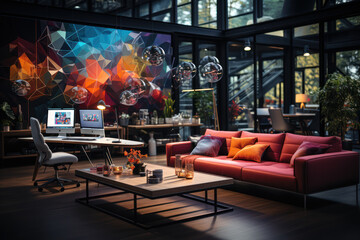 A trendy tech startup office with colorful decorations and a relaxed atmosphere. Generative AI.