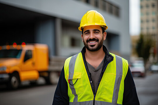 A Caucasian construction worker wearing uniform, in the city