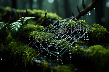 A dew-covered spiderweb, intricately woven between branches in a dense forest. Generative AI.