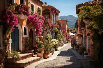 Fototapeta na wymiar A quaint European street lined with charming houses and colorful flower boxes. Generative AI.