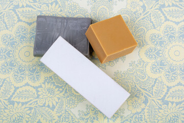 Artist Art Erasers in Set of Three on Floral Background in Top Down or Flat Lay View