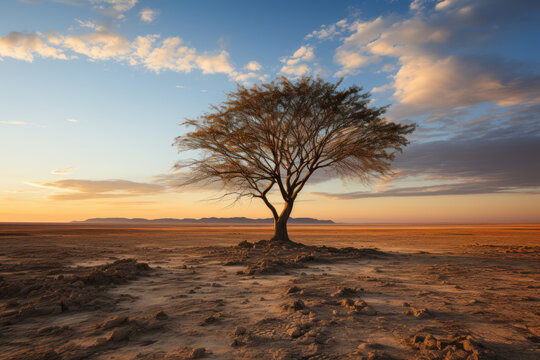 A solitary tree in a vast desert landscape, casting a long shadow in the setting sun. Generative AI. © Sebastian