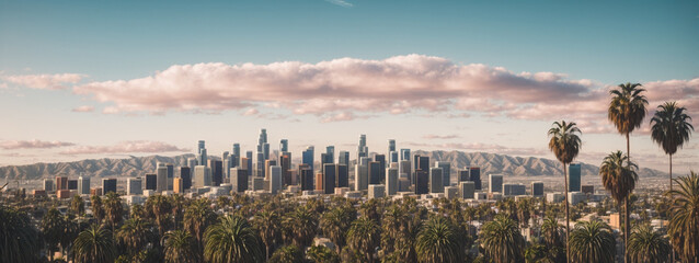 Los Angeles skyline with palm trees in the foreground - obrazy, fototapety, plakaty