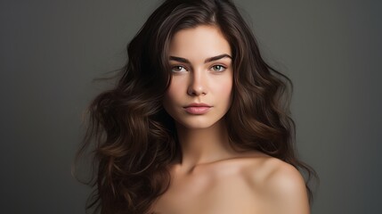 Naklejka premium Beauty portrait of a young brunette caucasian woman in a studio with a gray background, 16:9, copy space